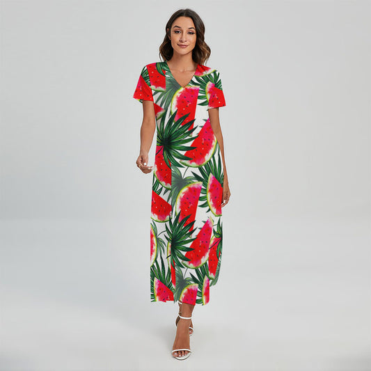 White Palm Leaf Watermelon Pattern Print Short Sleeve Maxi Dress