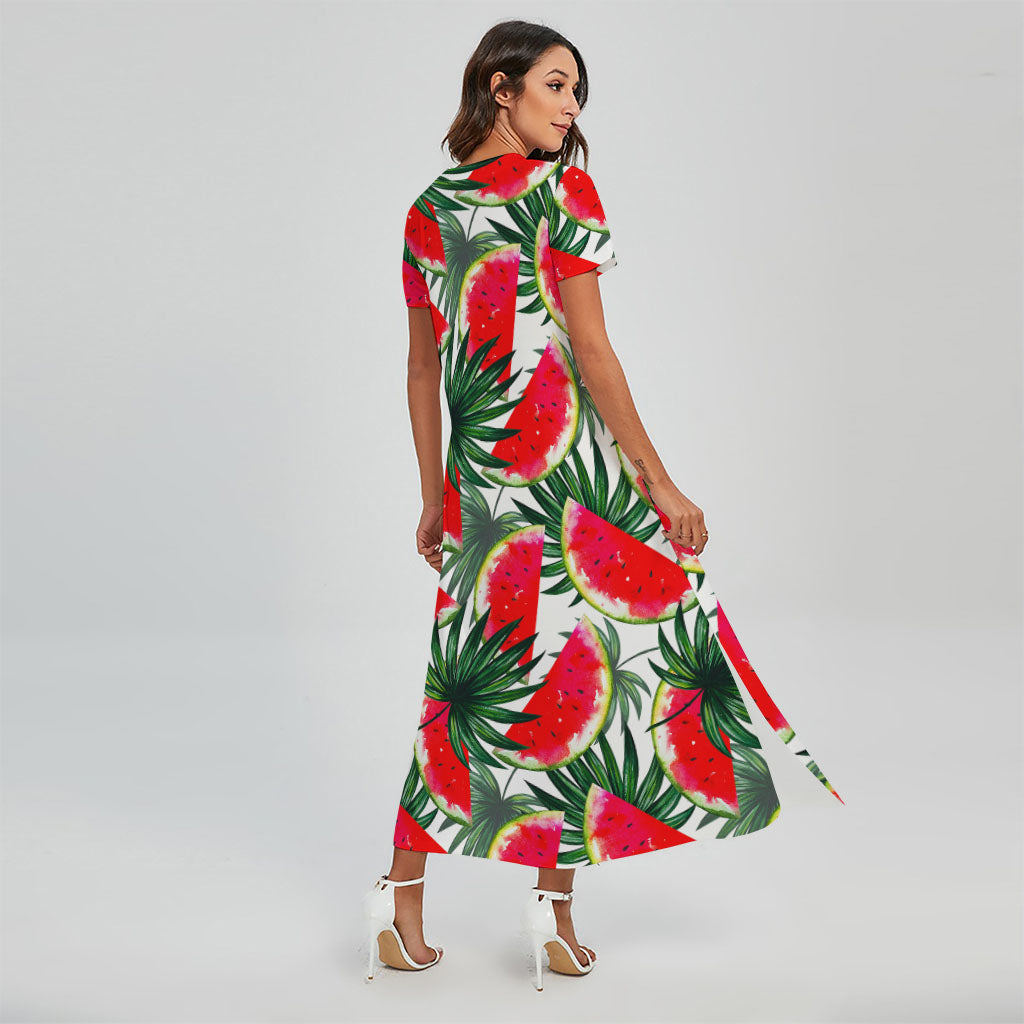 White Palm Leaf Watermelon Pattern Print Short Sleeve Maxi Dress