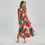 White Palm Leaf Watermelon Pattern Print Short Sleeve Maxi Dress