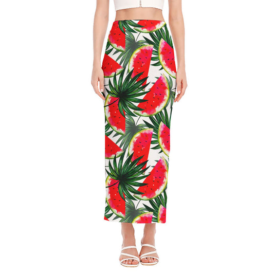 White Palm Leaf Watermelon Pattern Print Side Slit Maxi Skirt