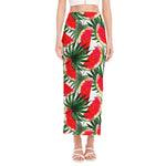 White Palm Leaf Watermelon Pattern Print Side Slit Maxi Skirt