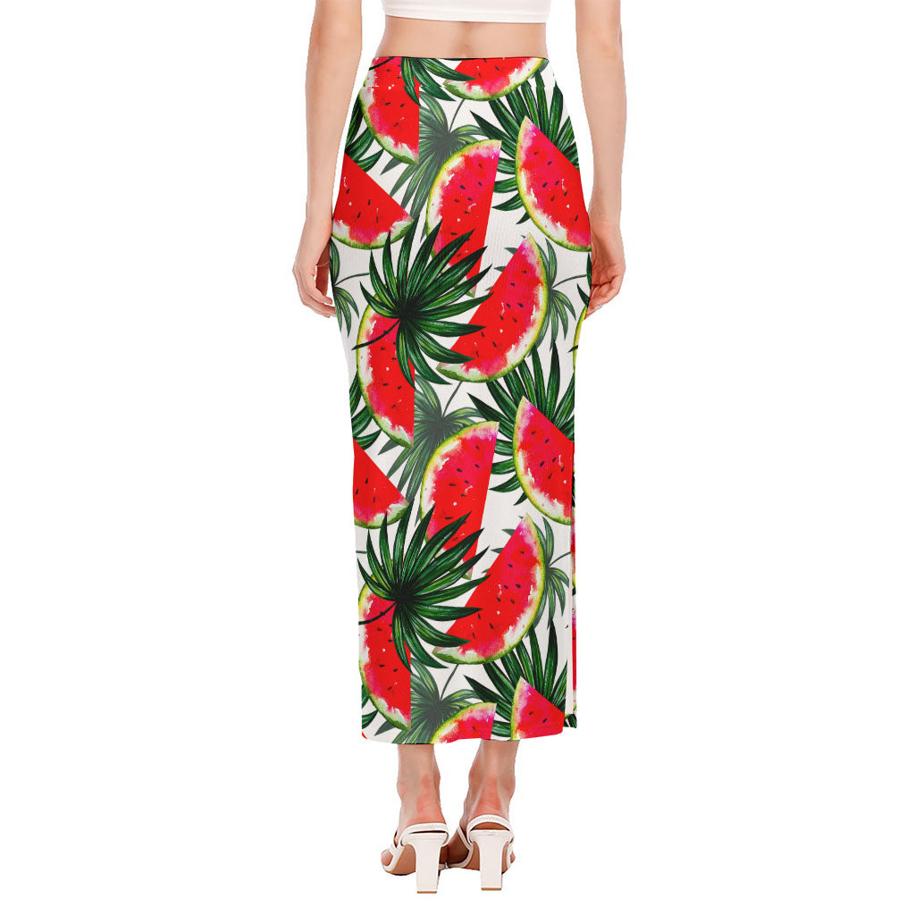 White Palm Leaf Watermelon Pattern Print Side Slit Maxi Skirt