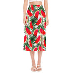 White Palm Leaf Watermelon Pattern Print Side Slit Midi Skirt