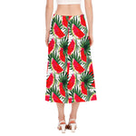White Palm Leaf Watermelon Pattern Print Side Slit Midi Skirt