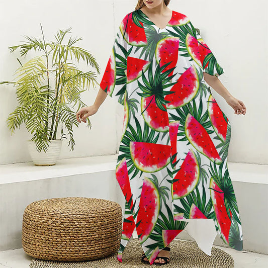 White Palm Leaf Watermelon Pattern Print Silk V-Neck Kaftan Dress