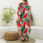 White Palm Leaf Watermelon Pattern Print Silk V-Neck Kaftan Dress