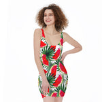 White Palm Leaf Watermelon Pattern Print Sleeveless Bodycon Dress
