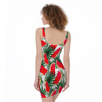 White Palm Leaf Watermelon Pattern Print Sleeveless Bodycon Dress