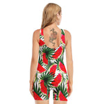 White Palm Leaf Watermelon Pattern Print Sleeveless One Piece Swimsuit