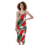 White Palm Leaf Watermelon Pattern Print Slim Fit Midi Cami Dress