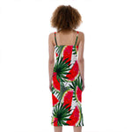 White Palm Leaf Watermelon Pattern Print Slim Fit Midi Cami Dress