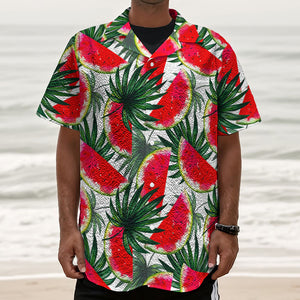 White Palm Leaf Watermelon Pattern Print Textured Short Sleeve Shirt