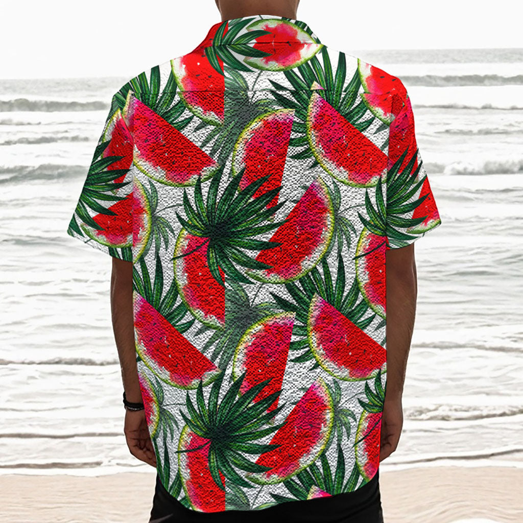 White Palm Leaf Watermelon Pattern Print Textured Short Sleeve Shirt