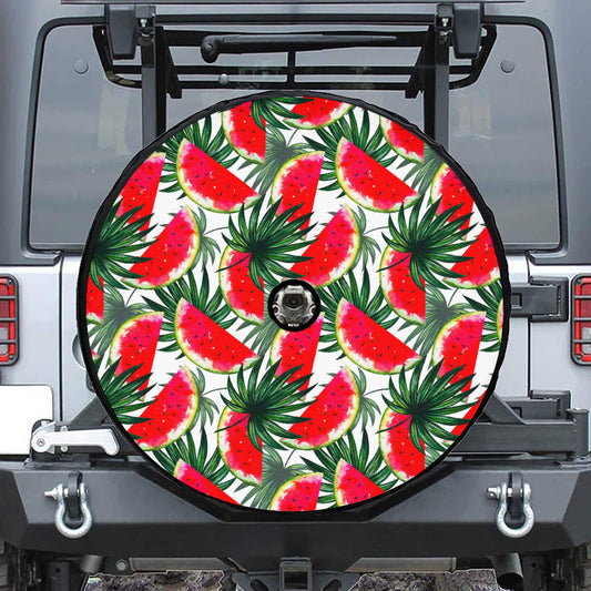White Palm Leaf Watermelon Pattern Print Tire Cover With Camera Hole