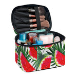 White Palm Leaf Watermelon Pattern Print Travel Makeup Bag