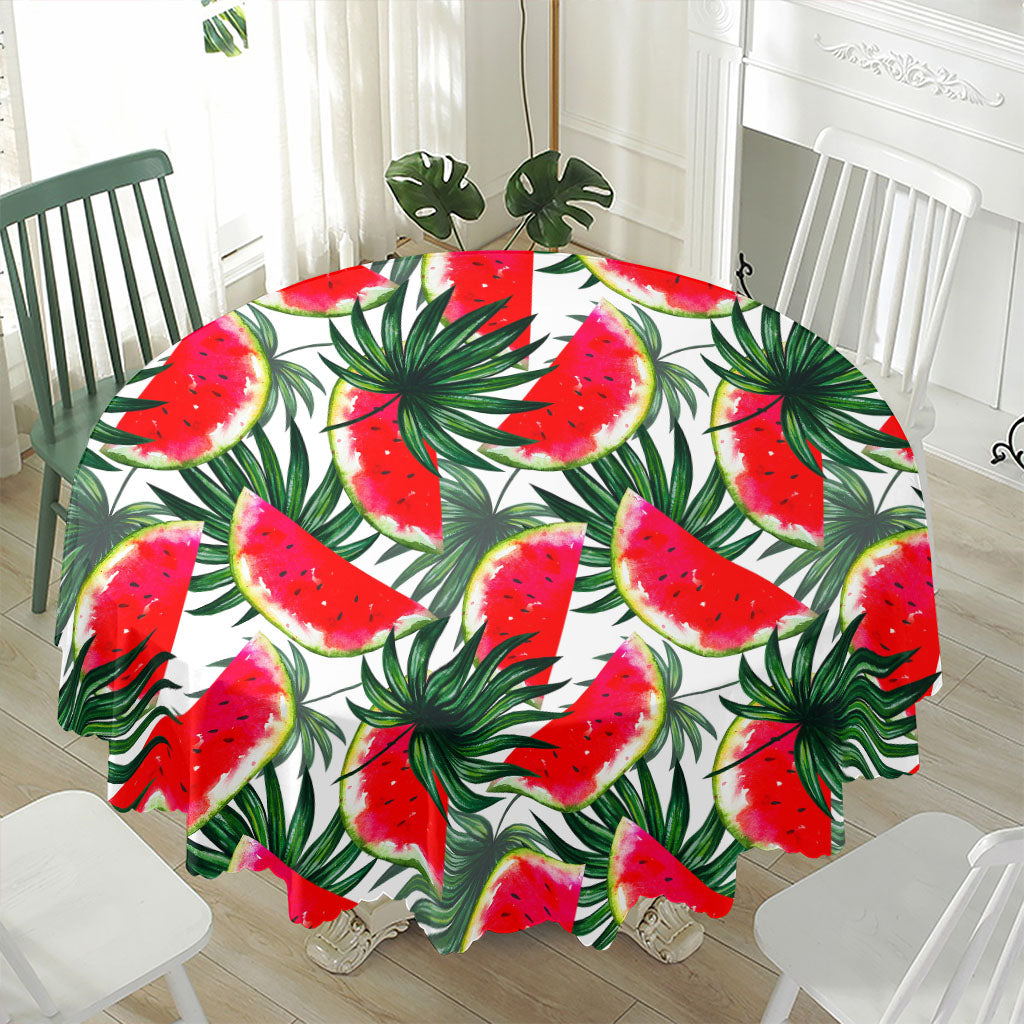 White Palm Leaf Watermelon Pattern Print Waterproof Round Tablecloth