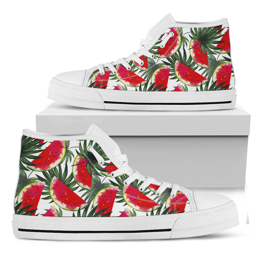 White Palm Leaf Watermelon Pattern Print White High Top Sneakers