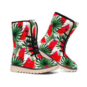 White Palm Leaf Watermelon Pattern Print Winter Boots