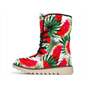 White Palm Leaf Watermelon Pattern Print Winter Boots