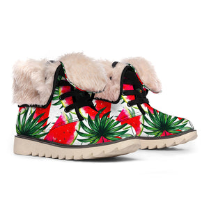 White Palm Leaf Watermelon Pattern Print Winter Boots