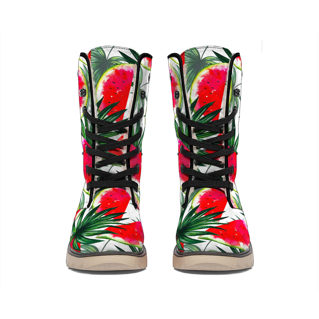 White Palm Leaf Watermelon Pattern Print Winter Boots