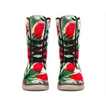 White Palm Leaf Watermelon Pattern Print Winter Boots