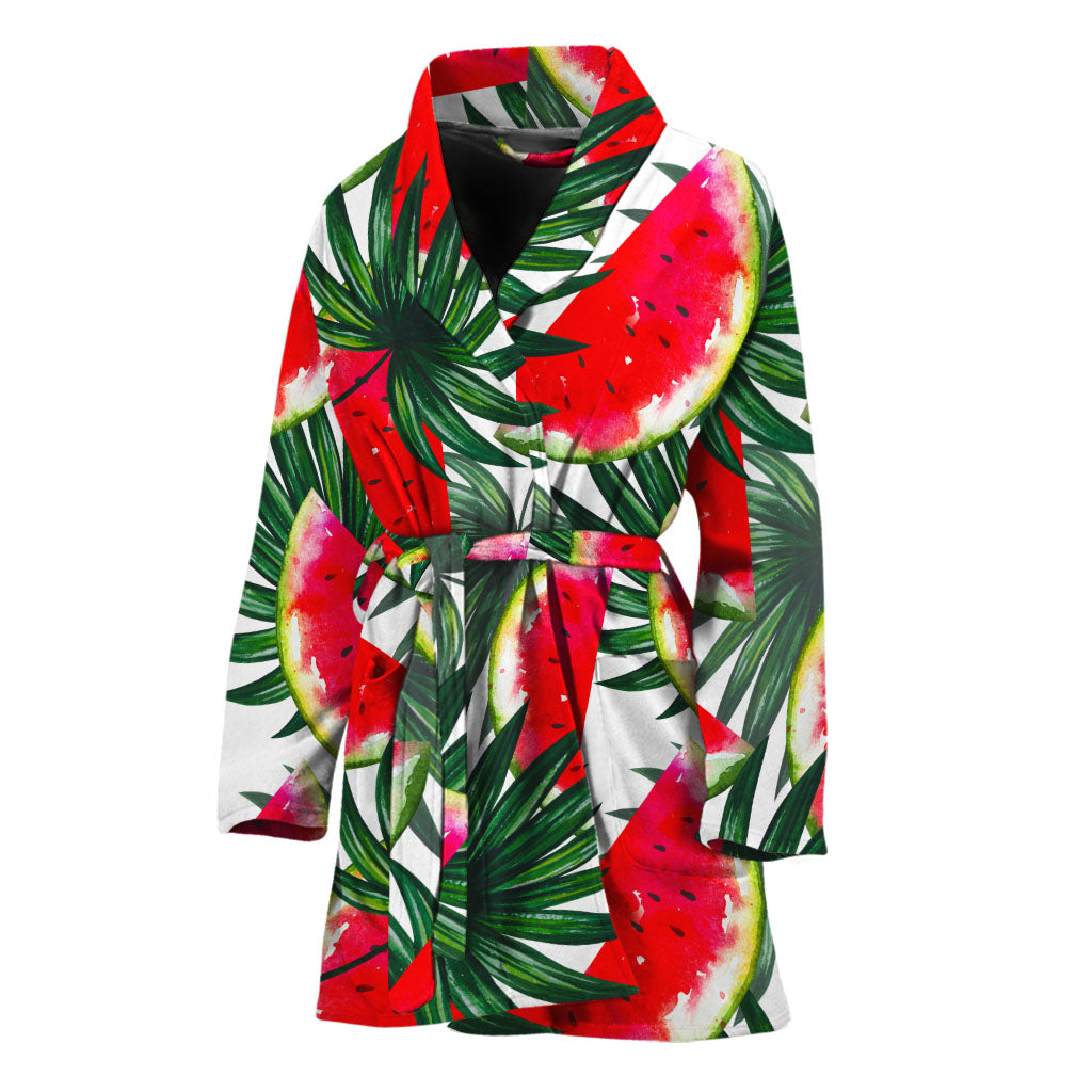 White Palm Leaf Watermelon Pattern Print Women's Bathrobe
