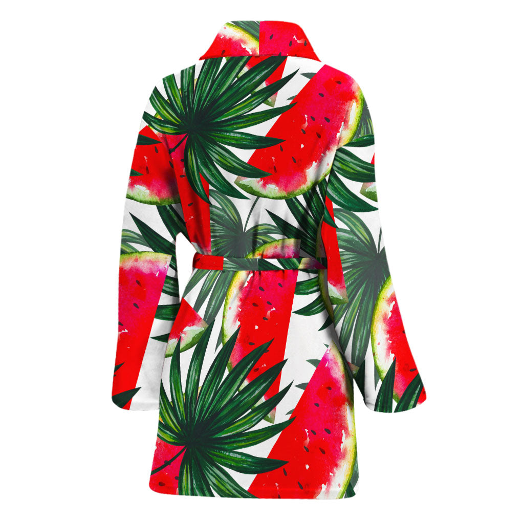 White Palm Leaf Watermelon Pattern Print Women's Bathrobe