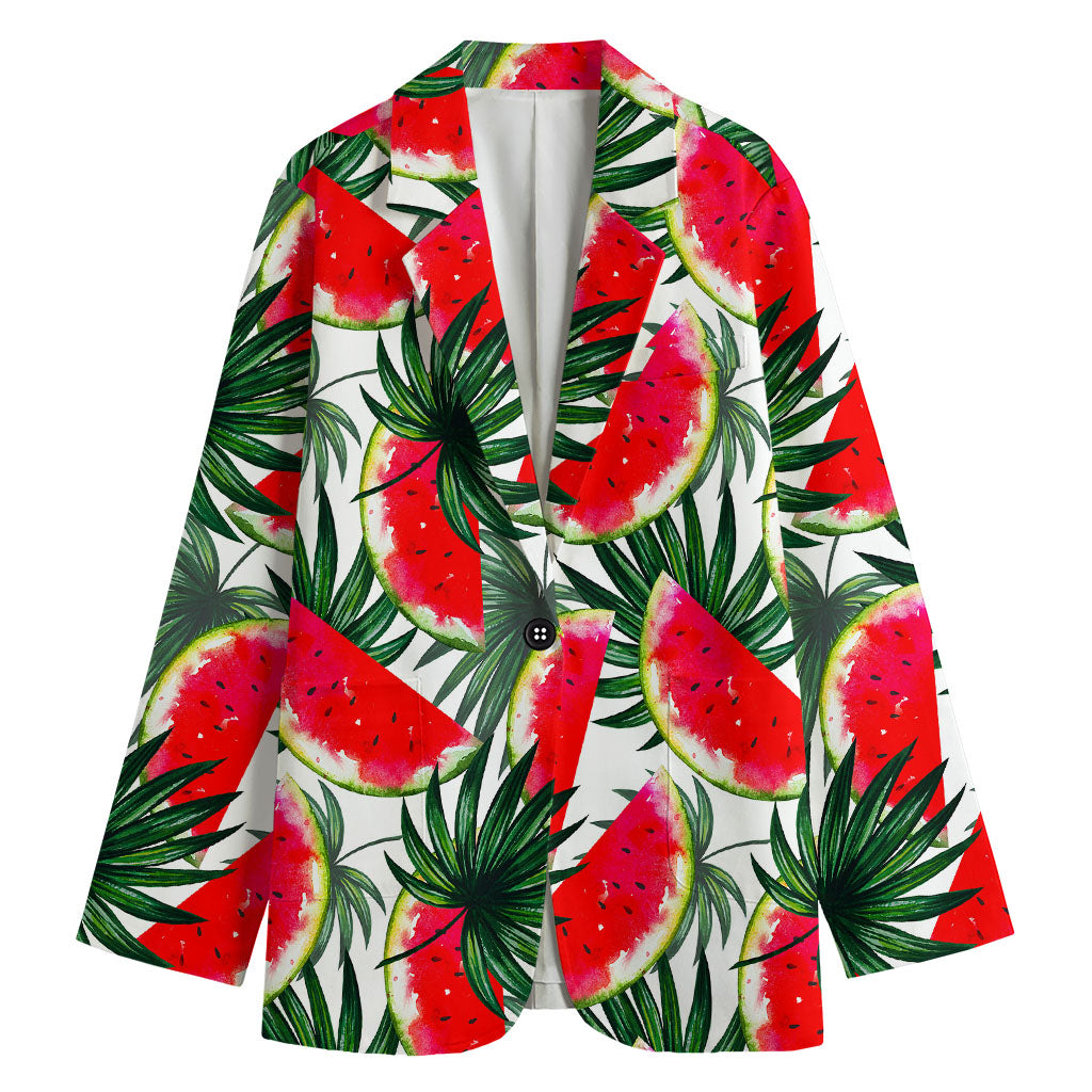 White Palm Leaf Watermelon Pattern Print Women's Blazer