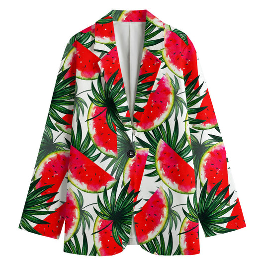 White Palm Leaf Watermelon Pattern Print Women's Blazer