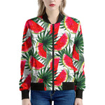 White Palm Leaf Watermelon Pattern Print Women's Bomber Jacket