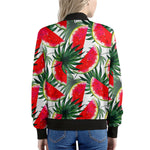 White Palm Leaf Watermelon Pattern Print Women's Bomber Jacket