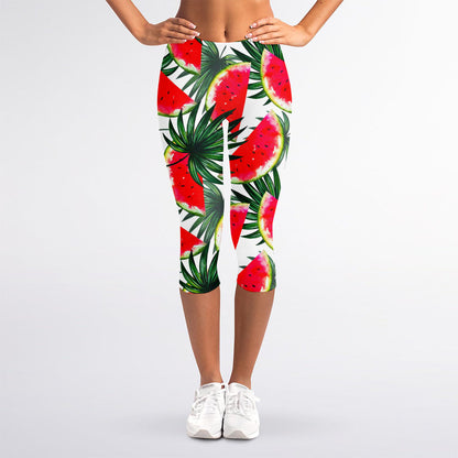 White Palm Leaf Watermelon Pattern Print Women's Capri Leggings