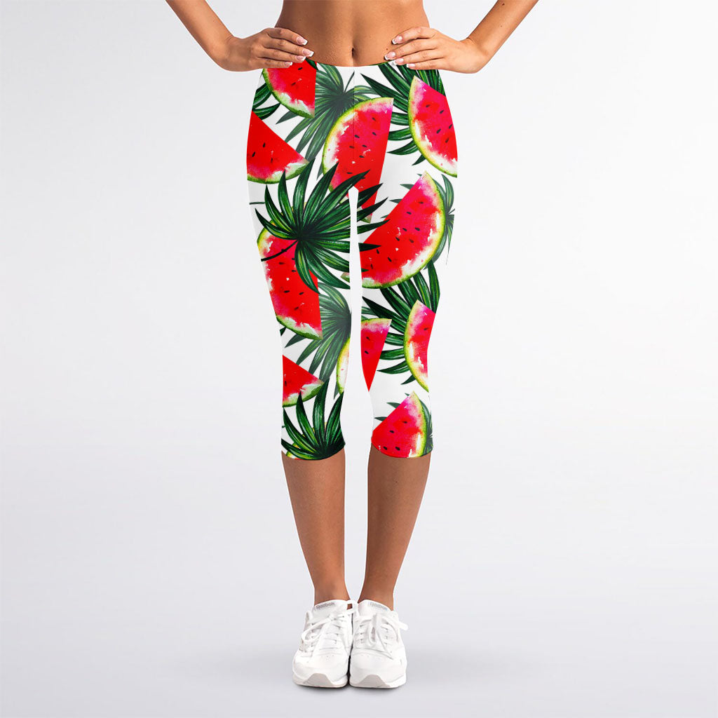 White Palm Leaf Watermelon Pattern Print Women's Capri Leggings