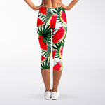 White Palm Leaf Watermelon Pattern Print Women's Capri Leggings