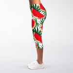 White Palm Leaf Watermelon Pattern Print Women's Capri Leggings