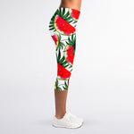 White Palm Leaf Watermelon Pattern Print Women's Capri Leggings