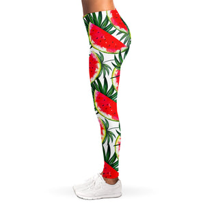 White Palm Leaf Watermelon Pattern Print Women's Leggings