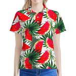 White Palm Leaf Watermelon Pattern Print Women's Polo Shirt