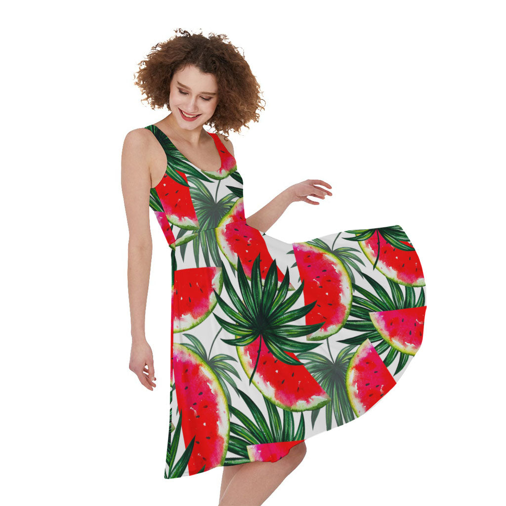 White Palm Leaf Watermelon Pattern Print Women's Sleeveless Dress