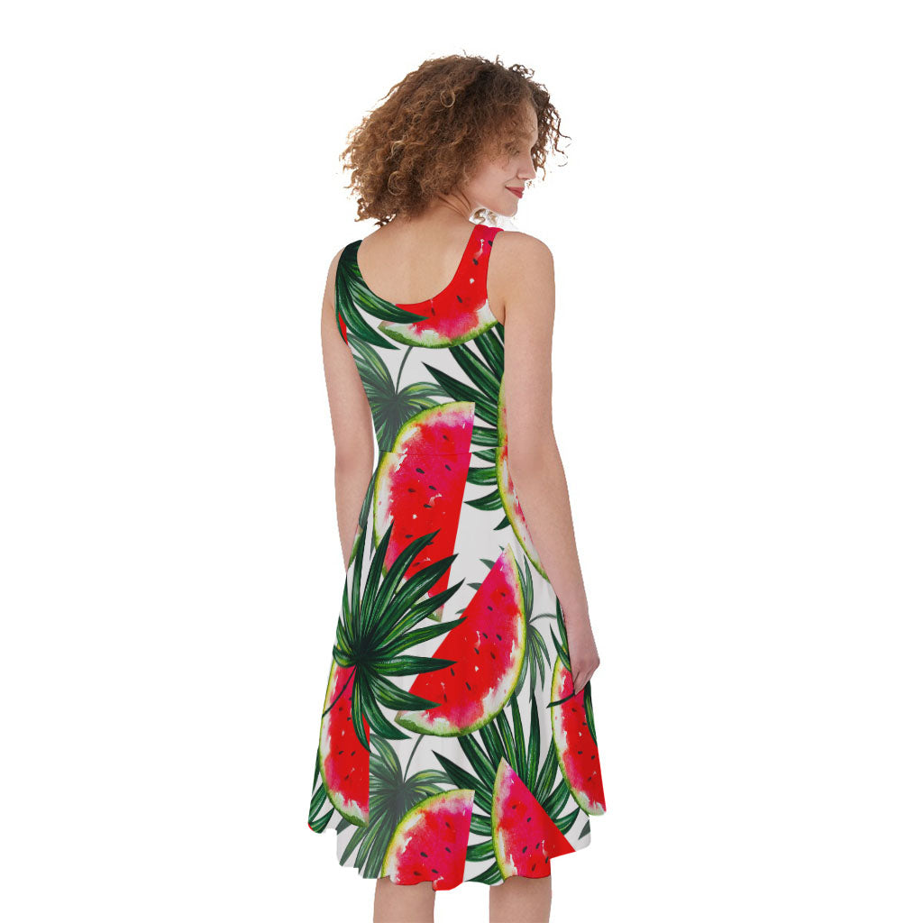 White Palm Leaf Watermelon Pattern Print Women's Sleeveless Dress