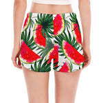 White Palm Leaf Watermelon Pattern Print Women's Split Running Shorts