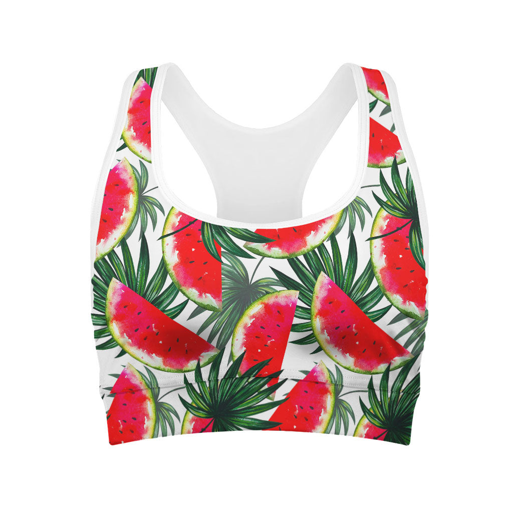 White Palm Leaf Watermelon Pattern Print Women's Sports Bra
