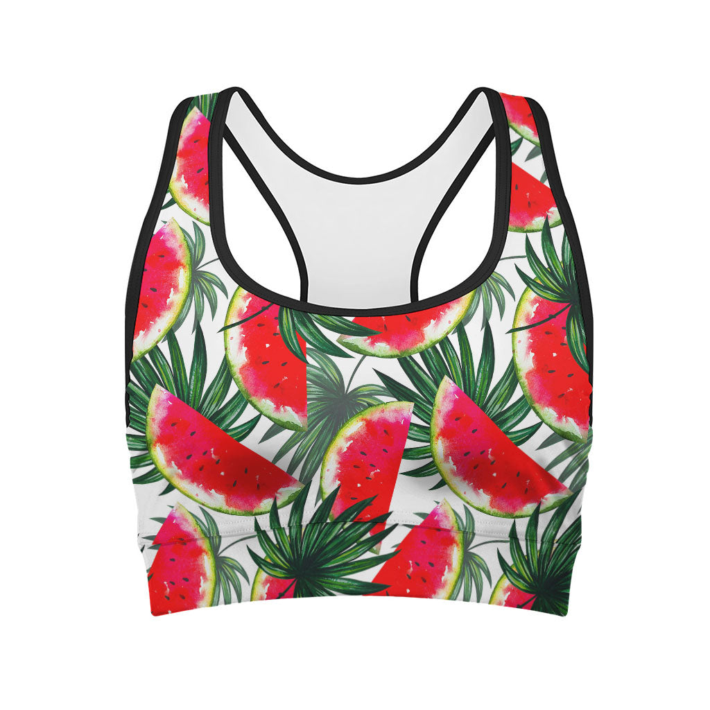 White Palm Leaf Watermelon Pattern Print Women's Sports Bra
