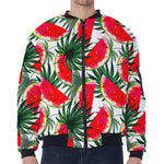 White Palm Leaf Watermelon Pattern Print Zip Sleeve Bomber Jacket