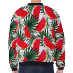 White Palm Leaf Watermelon Pattern Print Zip Sleeve Bomber Jacket