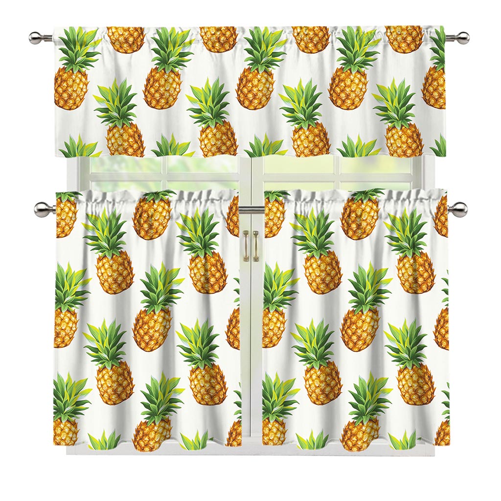 White Pineapple Pattern Print 3 Piece Kitchen Curtains