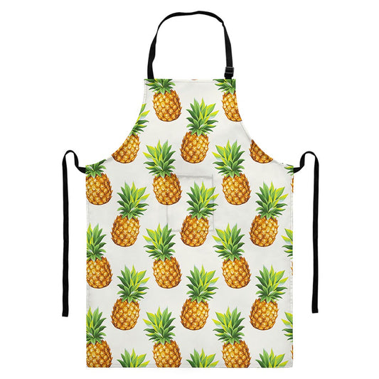 White Pineapple Pattern Print Bib Apron With Pocket
