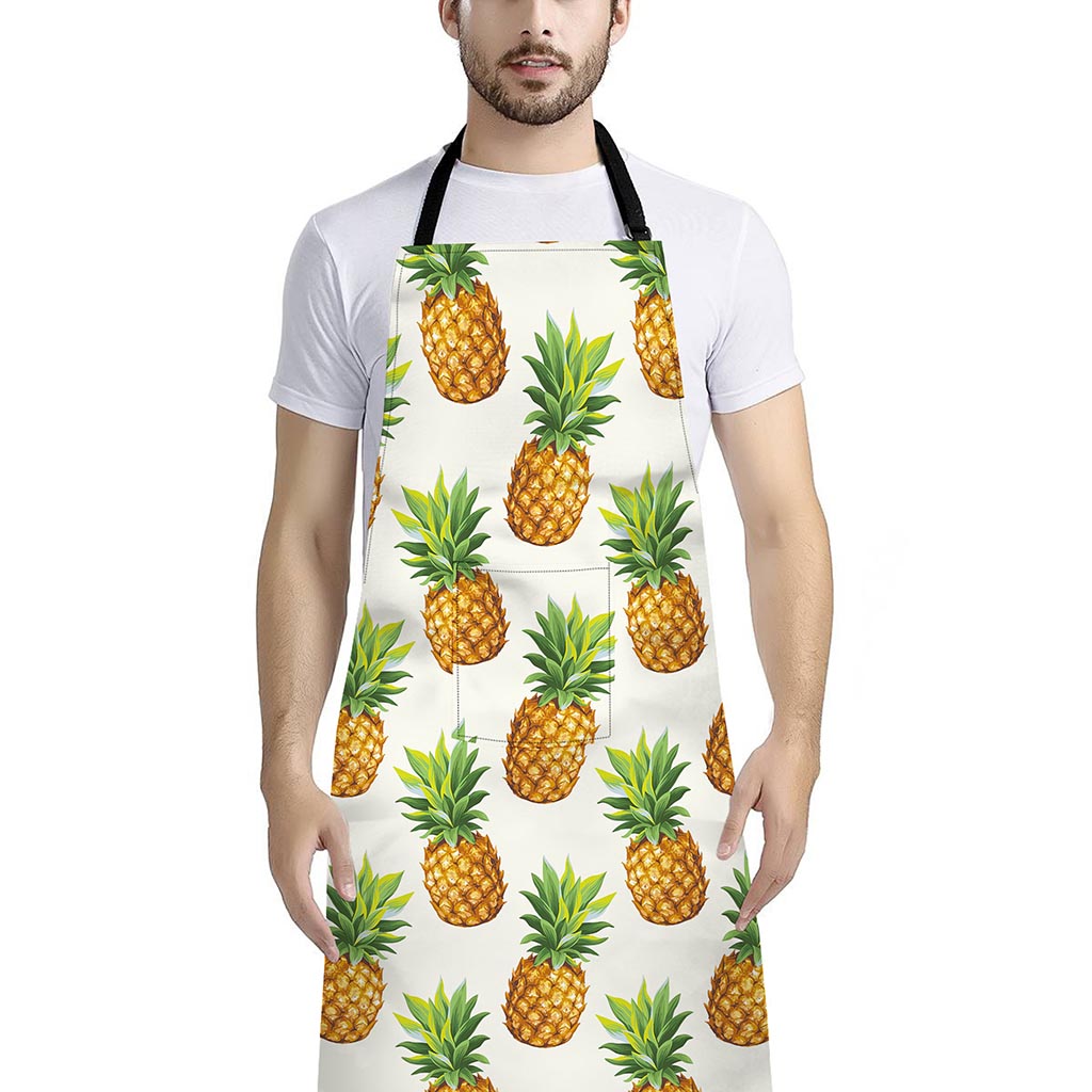 White Pineapple Pattern Print Bib Apron With Pocket