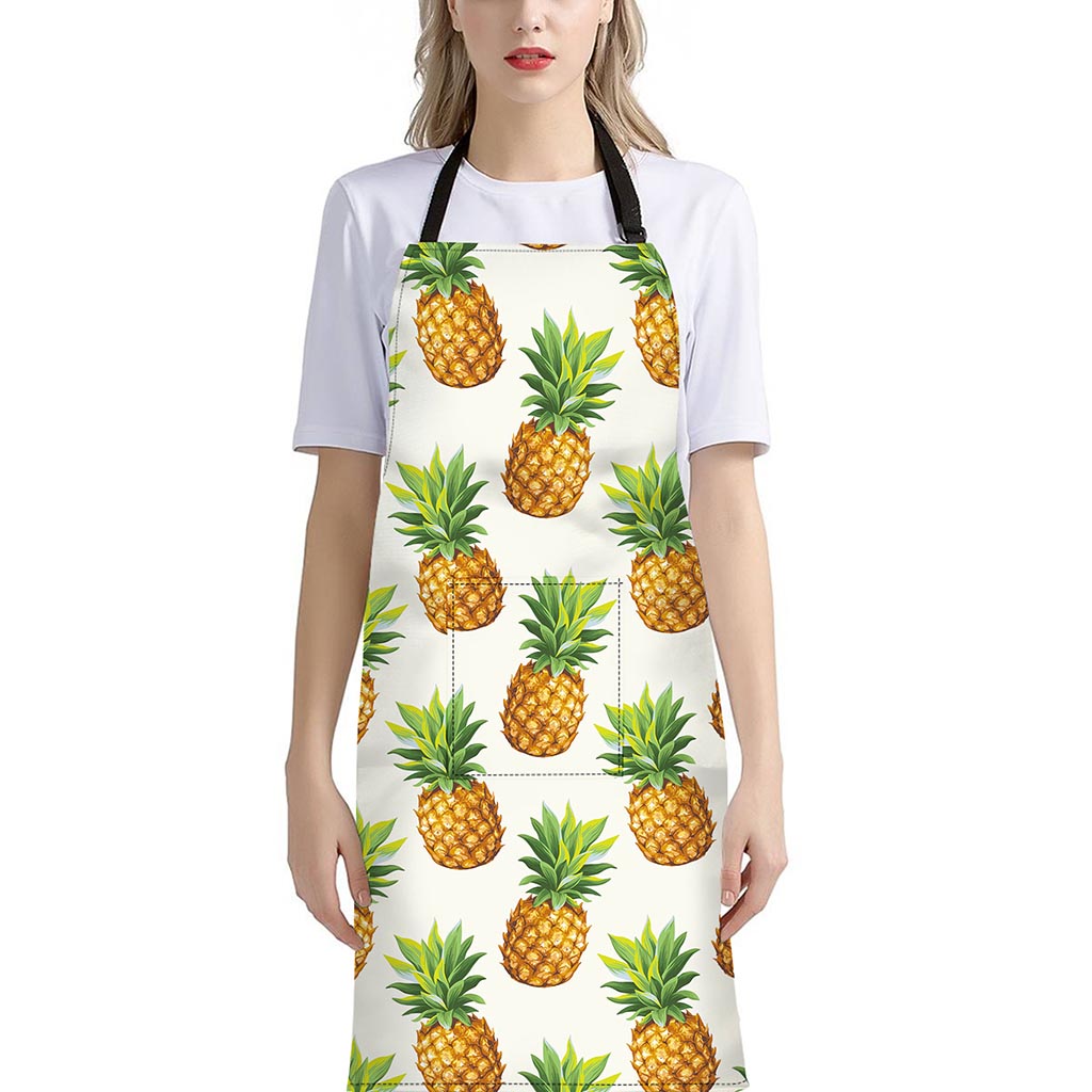 White Pineapple Pattern Print Bib Apron With Pocket